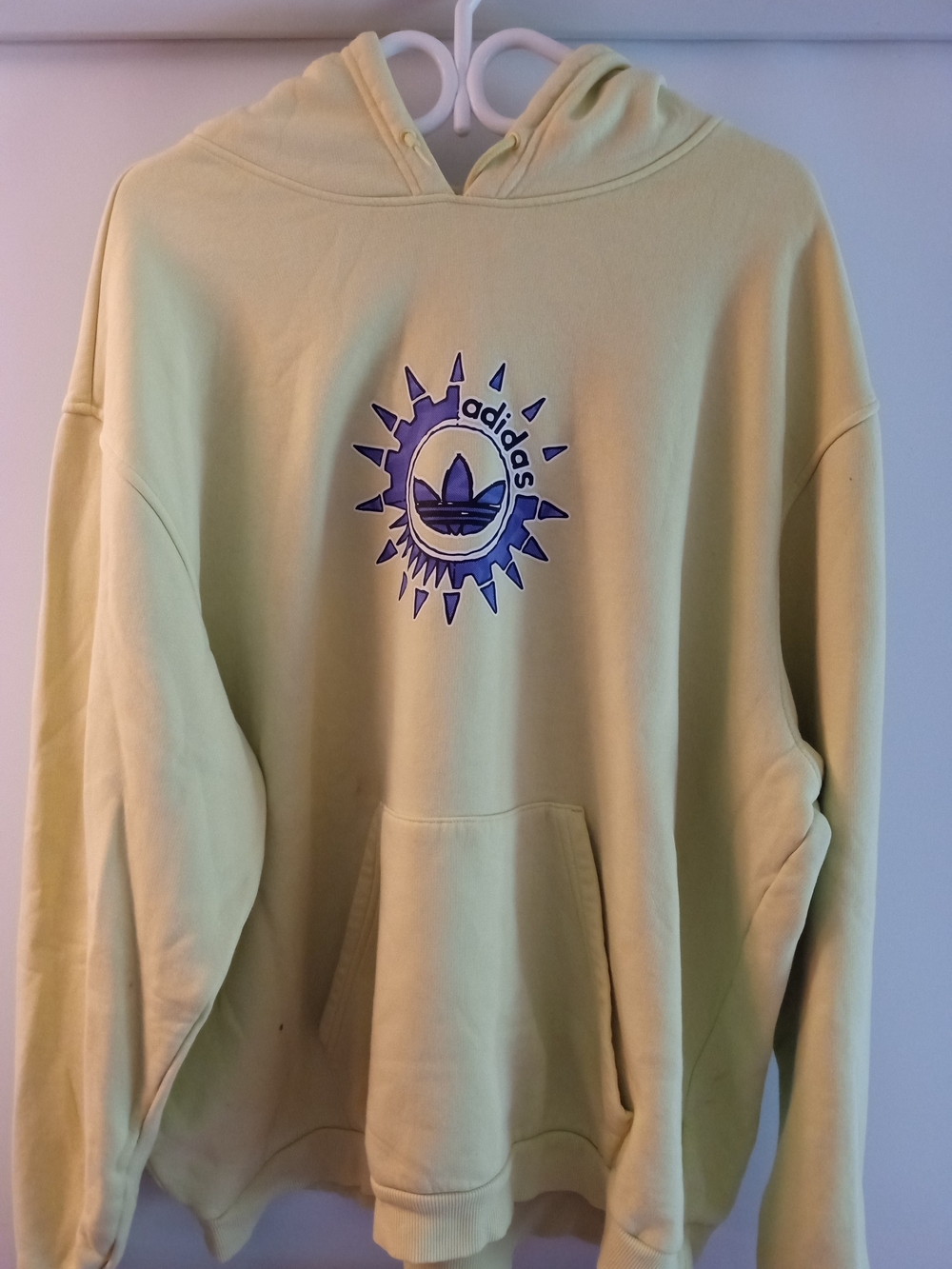 Adidas Men's Pale Yellow Hoodie with Blue Logo